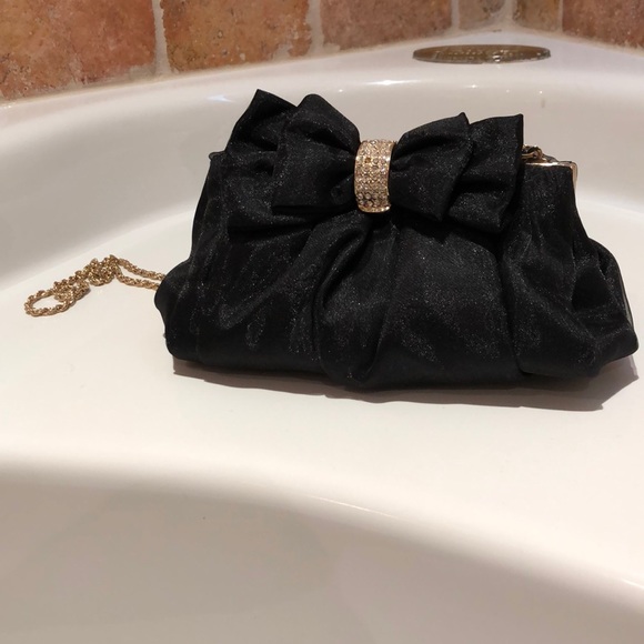 Black satiny clutch with rhinestones and bow - Picture 2 of 7